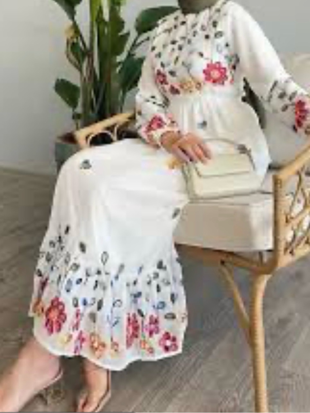 Antique Istanbul Floral Embroidered White Chiffon Maxi Dress Modest Boho M